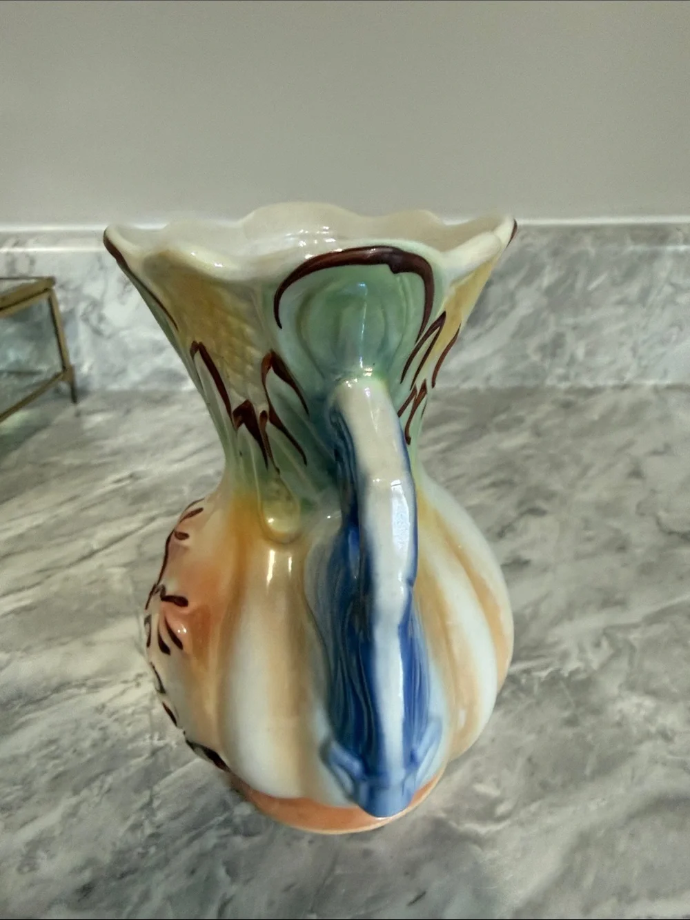 Vintage Made in Brazil Majolica Style Floral Ceramic Vase Blue Handles 5”